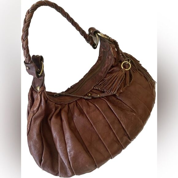 Sabina New York Handbags - Sabina New York - Large Brown Plated Slouchy Boho Shoulder Leather Bag Coquillle